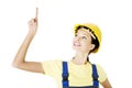 Female construction worker pointing on copy space Royalty Free Stock Photo