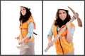 Female construction worker posing with pick axe Royalty Free Stock Photo