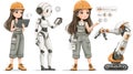 Female Construction Worker with Robots Teamwork and Technology Illustration Royalty Free Stock Photo