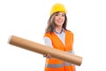 Female constructor or architect handing rolled blueprints