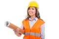 Female constructor or architect holding rolled blueprints Royalty Free Stock Photo