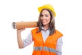 Female constructor or architect holding rolled blueprints Royalty Free Stock Photo