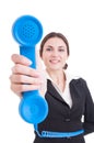 Female contact person showing classic telephone