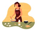 Female in apron smiling cook omelet on pan. Flat design illustration. Vector