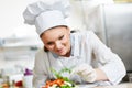 Female cook chef decorating prepared salad food