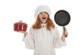 Female cook chef with pots and pans