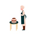 Female Cook Making and Decorating Cake, Professional Confectioner Character in Uniform Vector Illustration
