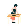Female Cook Preparing and Serving Dish on Table, Professional Kitchener Character in Uniform Vector Illustration