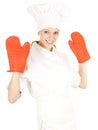 Female cook with red kitchen gloves Royalty Free Stock Photo