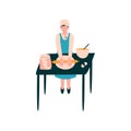 Female Cook Rolling Dough on Table, Professional Baker Character in Uniform Cooking on Kitchen Vector Illustration