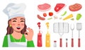 Female cook shows ok, meat, spices, side dish, grill mesh, kitchen appliances. Food Blog. Flat image