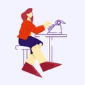 Female copywriter typing on vintage typewriter isolated at white background