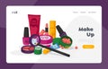 Female Cosmetics Landing Page Template. Nail Polish, Hand Cream and Lip Balm, Hydration Face Cream, Eye Hydro Gel Royalty Free Stock Photo