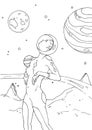 Female cosmonaut or astronaut dressed in space suit standing on surface of deserted planet and looking up. Girl in