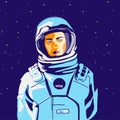 Female cosmonaut in spacesuit flat vector illustration.