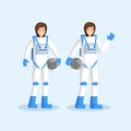 Female cosmonauts in spacesuits flat illustration. Smiling astronauts team standing, waving hand and holding helmets