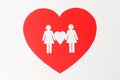 Female couple white paper pictogram on red heart