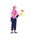 Female courier in uniform with bouquet flat color vector detailed character