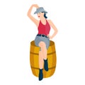 A female cowboy is sitting on a barrel