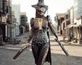 Female cowgirl gunslinger walking through the center of a western town with duel sawed off shotguns. Royalty Free Stock Photo