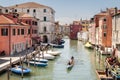 Female crew is training on a rowing boat in venice canal.