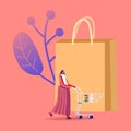 Female Customer Character Stand in Grocery or Supermarket with Goods in Shopping Trolley at Huge Paper Bag