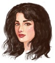 Female cute colored hand-drawn portrait of woman or girl with dark hair