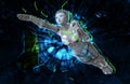 Female cyborg on techno background 3d illustration