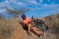 Female cyclist has a mountain bike accident Royalty Free Stock Photo