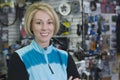 Female Cyclist In Shop