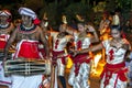 Female dancers and Gatabera Players prepare to participate in the Esala Perahera in Kandy, Sri Lanka. Royalty Free Stock Photo