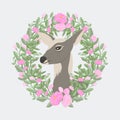 Female deer with a floral wreath and herbs