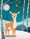 Female deer in a winter forest night