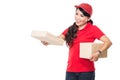 Female delivery service happily delivering package to costumer Royalty Free Stock Photo