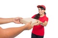 Female delivery service happily delivering package to costumer Royalty Free Stock Photo