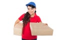 Female delivery service happily delivering package to costumer Royalty Free Stock Photo