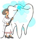 Female dentist cleaning a tooth