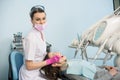 Female dentist with dental tools - mirror and probe checking up patient teeth at dental clinic office Royalty Free Stock Photo