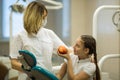 Female dentist gives apple for smiling teenage girl in modern clinic