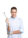 Female dentist holding professional tools Royalty Free Stock Photo