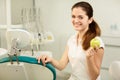 Female dentist smiling and holding a green apple, dental care and prevention concept