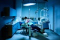 Female Dentist very carefully check up and repair tooth of his young female patient. Happy young woman sitting in dental