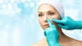 Female derma rejuvenate treatment. Doctor in gloves touch woman face. Cosmetology pretty portrait.