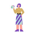 Female designer of printing house holds color guide Pantone a vector illustration