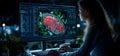 female designer is working on computer analyzing digital data with vibrant graphics scene is illuminated by screen creating
