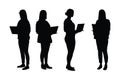 Female designers and employees standing in different position silhouette set vector. Girl designer with anonymous faces.