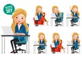 Female desk characters vector set. Business woman manager characters working in office desk while sitting.