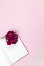 Female desktop, peony flower on open notepad, on pastel pink background. Concept business, work from home, freelance, creative