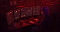 Female Developer Coding on Multiple Computer Screens in a Dark Room Royalty Free Stock Photo