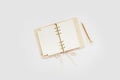 Female diary white and beige with satin ribbons on a white background. Golden pen.